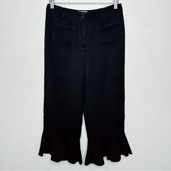 Anthropologie Elevenses Womens Size  2 Linen Ruffle Hem Cropped Pant In Black - Picture 2 of 14